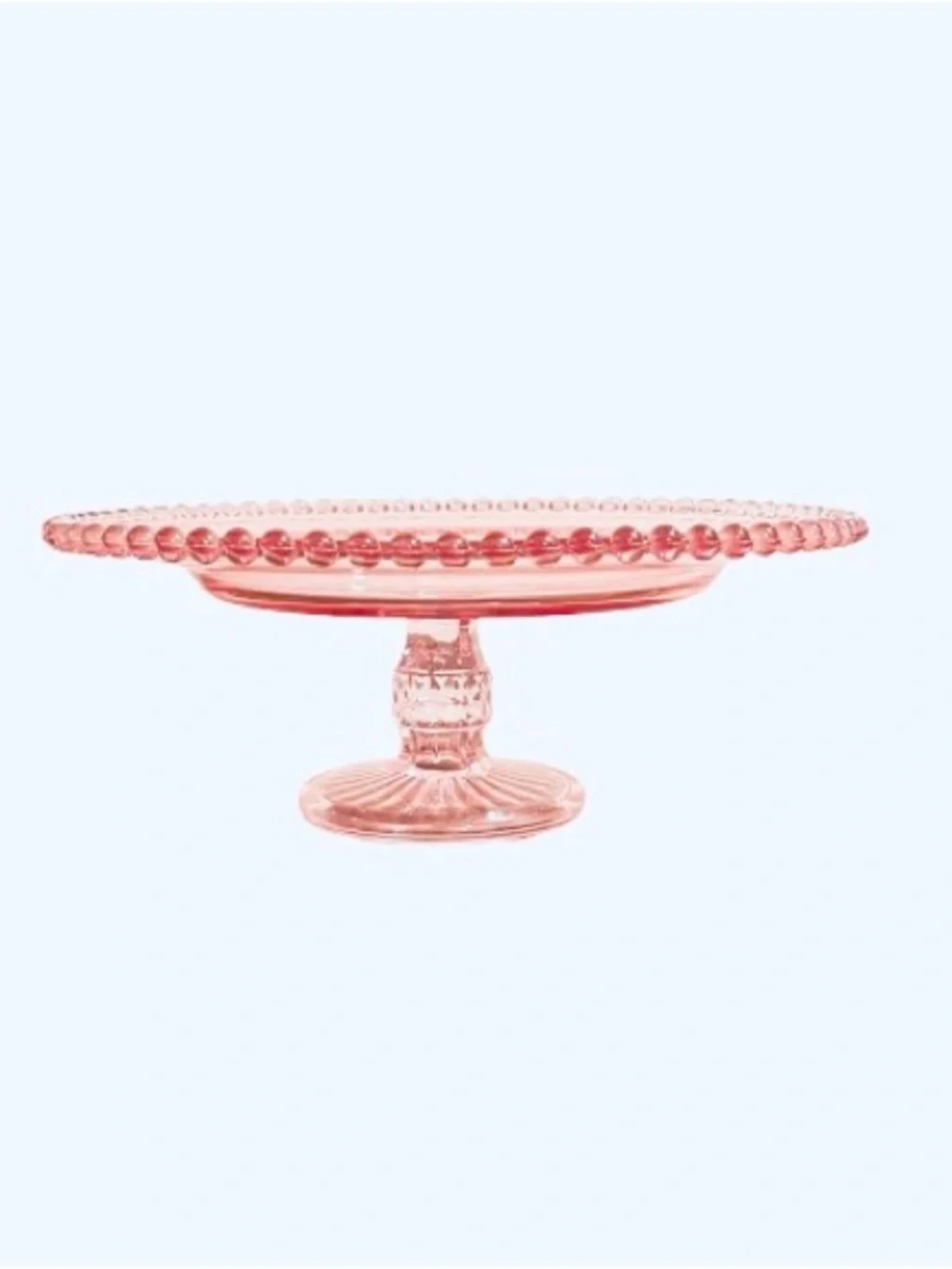 🆕- Pink Glass Pedestal Cake Stand with Beaded Hobnail Edge